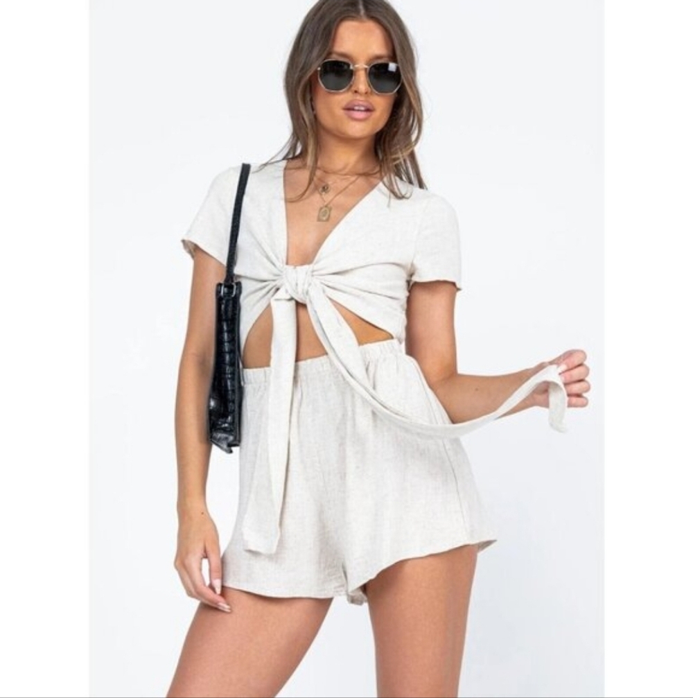 Princess Polly Ragnar Tie-Front Romper 10 Beige Linen Blend Short Sleeve Women's